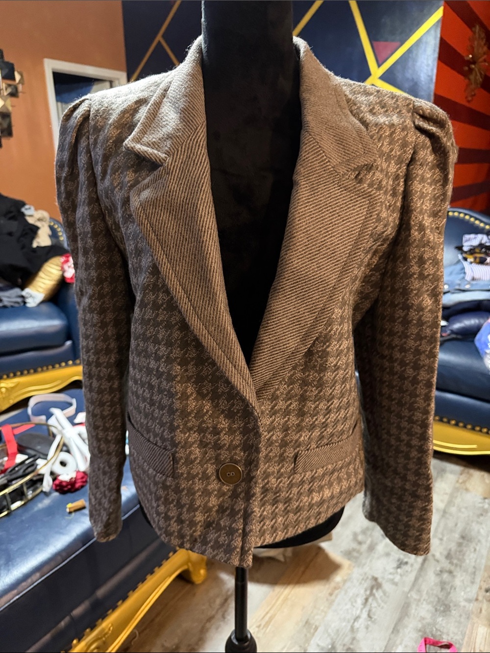 Louis Feraud Womens Brown Houndstooth Blazer Jacket